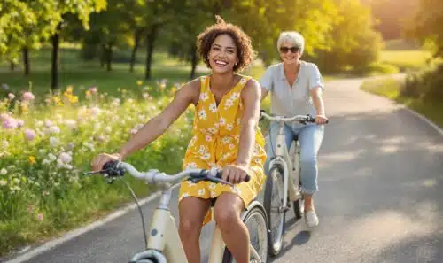 Le vélo : Un moyen de transport durable bon pour vous et la planète deux femmes en vélo sur une route de campagne