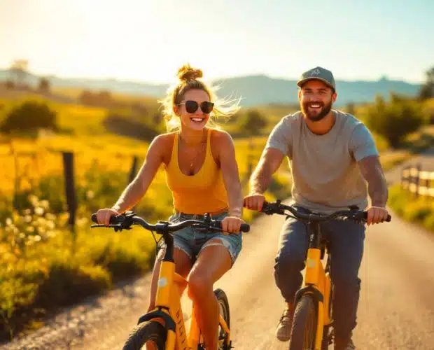 Le vélo : Un moyen de transport durable bon pour vous et la planète Couple de trentenaires en vélo sur une route de campagne